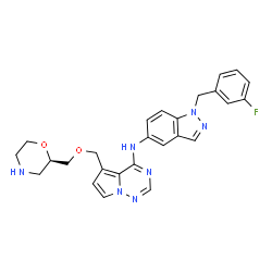 ChemSpider 2D Image | N-[1-(3-Fluorobenzyl)-1H-indazol-5-yl]-5-{[(2R)-2-morpholinylmethoxy]methyl}pyrrolo[2,1-f][1,2,4]triazin-4-amine | C26H26FN7O2