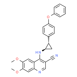 ChemSpider 2D Image | 6,7-Dimethoxy-4-{[(1R,2S)-2-(4-phenoxyphenyl)cyclopropyl]amino}-3-quinolinecarbonitrile | C27H23N3O3
