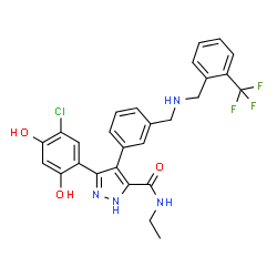 ChemSpider 2D Image | 3-(5-Chloro-2,4-dihydroxyphenyl)-N-ethyl-4-[3-({[2-(trifluoromethyl)benzyl]amino}methyl)phenyl]-1H-pyrazole-5-carboxamide | C27H24ClF3N4O3