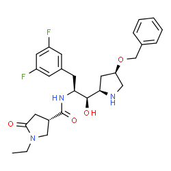 ChemSpider 2D Image | (3S)-N-[(1R,2S)-1-[(2R,4R)-4-(Benzyloxy)-2-pyrrolidinyl]-3-(3,5-difluorophenyl)-1-hydroxy-2-propanyl]-1-ethyl-5-oxo-3-pyrrolidinecarboxamide | C27H33F2N3O4