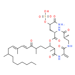 ChemSpider 2D Image | 1-Amino-3-{(3S,6S)-6,13-dimethyl-10-methylene-2,5,9,12-tetraoxo-14-[(5E,7E)-3,7,10-trimethyl-4-oxo-5,7-heptadecadien-1-yl]-1-oxa-4,8,11-triazacyclotetradecan-3-yl}-1-oxo-2-propanyl hydrogen sulfate | C36H58N4O11S