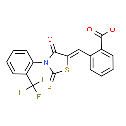 ChemSpider 2D Image | 2-[(Z)-{4-Oxo-2-thioxo-3-[2-(trifluoromethyl)phenyl]-1,3-thiazolidin-5-ylidene}methyl]benzoic acid | C18H10F3NO3S2