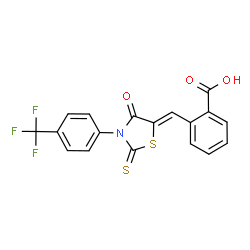 ChemSpider 2D Image | 2-[(Z)-{4-Oxo-2-thioxo-3-[4-(trifluoromethyl)phenyl]-1,3-thiazolidin-5-ylidene}methyl]benzoic acid | C18H10F3NO3S2