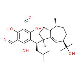 ChemSpider 2D Image | 2,4,6-Trihydroxy-5-{(1R)-1-[(1R,3aR,4R,7R)-7-(2-hydroxy-2-propanyl)-1,4-dimethyl-1,2,3,3a,4,5,6,7-octahydro-1-azulenyl]-3-methylbutyl}isophthalaldehyde | C28H40O6