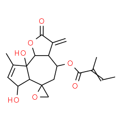 ChemSpider 2D Image | 7,9a-Dihydroxy-9-methyl-3-methylene-2-oxo-3,3a,4,5,6a,7,9a,9b-octahydro-2H-spiro[azuleno[4,5-b]furan-6,2'-oxiran]-4-yl 2-methyl-2-butenoate | C20H24O7
