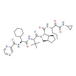 ChemSpider 2D Image | (1S,3aR,6aS)-2-[(2S)-2-({(2S)-2-Cyclohexyl-2-[(pyrazin-2-ylcarbonyl)amino]acetyl}amino)-3,3-dimethylbutanoyl]-N-[1-(cyclopropylamino)-1,2-dioxohexan-3-yl]octahydrocyclopenta[c]pyrrole-1-carboxamide (non-preferred name) | C36H53N7O6