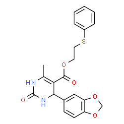 ChemSpider 2D Image | 2-(Phenylsulfanyl)ethyl 4-(1,3-benzodioxol-5-yl)-6-methyl-2-oxo-1,2,3,4-tetrahydro-5-pyrimidinecarboxylate | C21H20N2O5S
