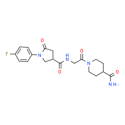 ChemSpider 2D Image | 1-(N-{[1-(4-Fluorophenyl)-5-oxo-3-pyrrolidinyl]carbonyl}glycyl)-4-piperidinecarboxamide | C19H23FN4O4