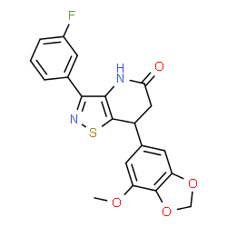 ChemSpider 2D Image | 3-(3-Fluorophenyl)-7-(7-methoxy-1,3-benzodioxol-5-yl)-6,7-dihydro[1,2]thiazolo[4,5-b]pyridin-5(4H)-one | C20H15FN2O4S