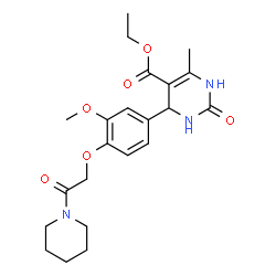 ChemSpider 2D Image | Ethyl 4-{3-methoxy-4-[2-oxo-2-(1-piperidinyl)ethoxy]phenyl}-6-methyl-2-oxo-1,2,3,4-tetrahydro-5-pyrimidinecarboxylate | C22H29N3O6