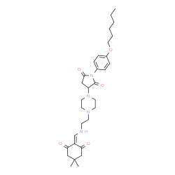 ChemSpider 2D Image | 3-[4-(2-{[(4,4-Dimethyl-2,6-dioxocyclohexylidene)methyl]amino}ethyl)-1-piperazinyl]-1-[4-(hexyloxy)phenyl]-2,5-pyrrolidinedione | C31H44N4O5