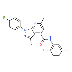 ChemSpider 2D Image | N-(2-Fluoro-5-methylphenyl)-1-(4-fluorophenyl)-3,6-dimethyl-1H-pyrazolo[3,4-b]pyridine-4-carboxamide | C22H18F2N4O