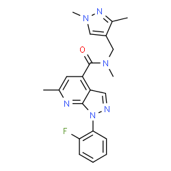 ChemSpider 2D Image | N-[(1,3-Dimethyl-1H-pyrazol-4-yl)methyl]-1-(2-fluorophenyl)-N,6-dimethyl-1H-pyrazolo[3,4-b]pyridine-4-carboxamide | C21H21FN6O