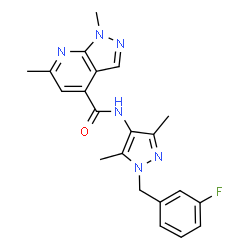 ChemSpider 2D Image | N-[1-(3-Fluorobenzyl)-3,5-dimethyl-1H-pyrazol-4-yl]-1,6-dimethyl-1H-pyrazolo[3,4-b]pyridine-4-carboxamide | C21H21FN6O