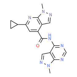 ChemSpider 2D Image | 6-Cyclopropyl-1-methyl-N-(1-methyl-1H-pyrazolo[3,4-d]pyrimidin-4-yl)-1H-pyrazolo[3,4-b]pyridine-4-carboxamide | C17H16N8O