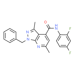 ChemSpider 2D Image | 1-Benzyl-N-(2,4-difluorophenyl)-3,6-dimethyl-1H-pyrazolo[3,4-b]pyridine-4-carboxamide | C22H18F2N4O