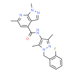 ChemSpider 2D Image | N-[1-(2-Fluorobenzyl)-3,5-dimethyl-1H-pyrazol-4-yl]-1,6-dimethyl-1H-pyrazolo[3,4-b]pyridine-4-carboxamide | C21H21FN6O