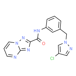 ChemSpider 2D Image | N-{3-[(4-Chloro-1H-pyrazol-1-yl)methyl]phenyl}[1,2,4]triazolo[1,5-a]pyrimidine-2-carboxamide | C16H12ClN7O