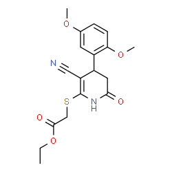 ChemSpider 2D Image | Ethyl {[3-cyano-4-(2,5-dimethoxyphenyl)-6-oxo-1,4,5,6-tetrahydro-2-pyridinyl]sulfanyl}acetate | C18H20N2O5S