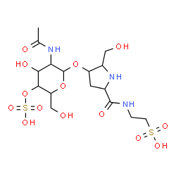 ChemSpider 2D Image | 2-({4-[(2-Acetamido-2-deoxy-4-O-sulfohexopyranosyl)oxy]-5-(hydroxymethyl)prolyl}amino)ethanesulfonic acid | C16H29N3O14S2