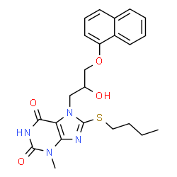 ChemSpider 2D Image | 8-(Butylsulfanyl)-7-[2-hydroxy-3-(1-naphthyloxy)propyl]-3-methyl-3,7-dihydro-1H-purine-2,6-dione | C23H26N4O4S