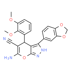 ChemSpider 2D Image | 6-Amino-3-(1,3-benzodioxol-5-yl)-4-(2,3-dimethoxyphenyl)-2,4-dihydropyrano[2,3-c]pyrazole-5-carbonitrile | C22H18N4O5