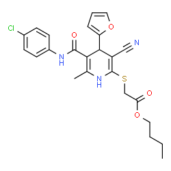 ChemSpider 2D Image | Butyl ({5-[(4-chlorophenyl)carbamoyl]-3-cyano-4-(2-furyl)-6-methyl-1,4-dihydro-2-pyridinyl}sulfanyl)acetate | C24H24ClN3O4S