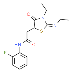 ChemSpider 2D Image | 2-[(2E)-3-Ethyl-2-(ethylimino)-4-oxo-1,3-thiazolidin-5-yl]-N-(2-fluorophenyl)acetamide | C15H18FN3O2S