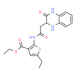 ChemSpider 2D Image | Ethyl 5-ethyl-2-{[(3-oxo-1,2,3,4-tetrahydro-2-quinoxalinyl)acetyl]amino}-3-thiophenecarboxylate | C19H21N3O4S