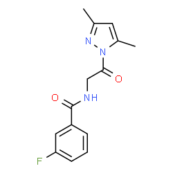 ChemSpider 2D Image | N-[2-(3,5-Dimethyl-1H-pyrazol-1-yl)-2-oxoethyl]-3-fluorobenzamide | C14H14FN3O2