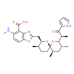 ChemSpider 2D Image | 5-(Methylamino)-2-({(2R,3R,6S,9R,11R)-3,9,11-trimethyl-8-[(2S)-1-oxo-1-(1H-pyrrol-2-yl)-2-propanyl]-1,7-dioxaspiro[5.5]undec-2-yl}methyl)-1,3-benzoxazole-4-carboxylic acid | C29H37N3O6