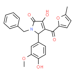 ChemSpider 2D Image | 1-Benzyl-3-hydroxy-5-(4-hydroxy-3-methoxyphenyl)-4-(5-methyl-2-furoyl)-1,5-dihydro-2H-pyrrol-2-one | C24H21NO6