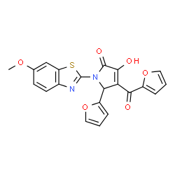 ChemSpider 2D Image | 4-(2-Furoyl)-5-(2-furyl)-3-hydroxy-1-(6-methoxy-1,3-benzothiazol-2-yl)-1,5-dihydro-2H-pyrrol-2-one | C21H14N2O6S