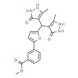 ChemSpider 2D Image | Methyl 3-{5-[bis(5-methyl-3-oxo-2,3-dihydro-1H-pyrazol-4-yl)methyl]-2-furyl}benzoate | C21H20N4O5