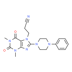 ChemSpider 2D Image | 3-[1,3-Dimethyl-2,6-dioxo-8-(4-phenyl-1-piperazinyl)-1,2,3,6-tetrahydro-7H-purin-7-yl]propanenitrile | C20H23N7O2