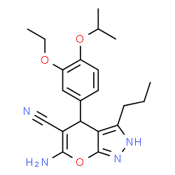 ChemSpider 2D Image | 6-Amino-4-(3-ethoxy-4-isopropoxyphenyl)-3-propyl-2,4-dihydropyrano[2,3-c]pyrazole-5-carbonitrile | C21H26N4O3