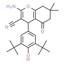 ChemSpider 2D Image | 2-Amino-4-[4-hydroxy-3,5-bis(2-methyl-2-propanyl)phenyl]-7,7-dimethyl-5-oxo-5,6,7,8-tetrahydro-4H-chromene-3-carbonitrile | C26H34N2O3