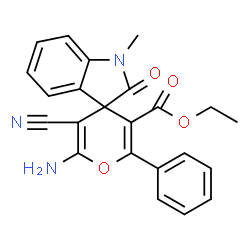 ChemSpider 2D Image | Ethyl 6'-amino-5'-cyano-1-methyl-2-oxo-2'-phenyl-1,2-dihydrospiro[indole-3,4'-pyran]-3'-carboxylate | C23H19N3O4