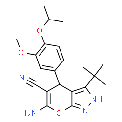 ChemSpider 2D Image | 6-Amino-3-tert-butyl-4-(4-isopropoxy-3-methoxyphenyl)-2,4-dihydropyrano[2,3-c]pyrazole-5-carbonitrile | C21H26N4O3