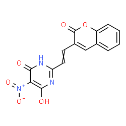 ChemSpider 2D Image | 6-Hydroxy-5-nitro-2-[2-(2-oxo-2H-chromen-3-yl)vinyl]-4(3H)-pyrimidinone | C15H9N3O6