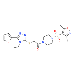 ChemSpider 2D Image | 1-{4-[(3,5-Dimethyl-1,2-oxazol-4-yl)sulfonyl]-1-piperazinyl}-2-{[4-ethyl-5-(2-furyl)-4H-1,2,4-triazol-3-yl]sulfanyl}ethanone | C19H24N6O5S2