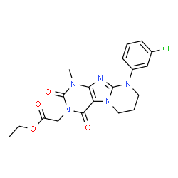 ChemSpider 2D Image | Ethyl [9-(3-chlorophenyl)-1-methyl-2,4-dioxo-1,4,6,7,8,9-hexahydropyrimido[2,1-f]purin-3(2H)-yl]acetate | C19H20ClN5O4