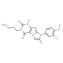 ChemSpider 2D Image | 8-(3-Chloro-4-methoxyphenyl)-3-(3-hydroxypropyl)-1,7-dimethyl-1H-imidazo[2,1-f]purine-2,4(3H,8H)-dione | C19H20ClN5O4