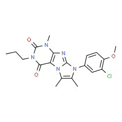 ChemSpider 2D Image | 8-(3-Chloro-4-methoxyphenyl)-1,6,7-trimethyl-3-propyl-1H-imidazo[2,1-f]purine-2,4(3H,8H)-dione | C20H22ClN5O3