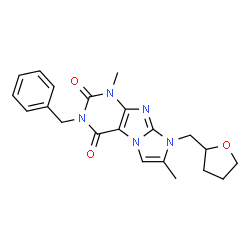 ChemSpider 2D Image | 3-Benzyl-1,7-dimethyl-8-(tetrahydro-2-furanylmethyl)-1H-imidazo[2,1-f]purine-2,4(3H,8H)-dione | C21H23N5O3
