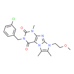ChemSpider 2D Image | 3-(3-Chlorobenzyl)-8-(2-methoxyethyl)-1,6,7-trimethyl-1H-imidazo[2,1-f]purine-2,4(3H,8H)-dione | C20H22ClN5O3