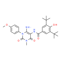 ChemSpider 2D Image | N-[6-Amino-1-(4-methoxyphenyl)-3-methyl-2,4-dioxo-1,2,3,4-tetrahydro-5-pyrimidinyl]-4-hydroxy-3,5-bis(2-methyl-2-propanyl)benzamide | C27H34N4O5
