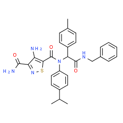 ChemSpider 2D Image | 4-Amino-N~5~-[2-(benzylamino)-1-(4-methylphenyl)-2-oxoethyl]-N~5~-(4-isopropylphenyl)-1,2-thiazole-3,5-dicarboxamide | C30H31N5O3S