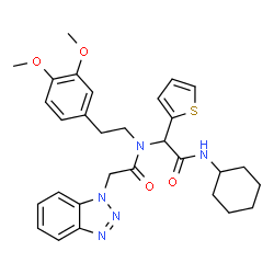 ChemSpider 2D Image | 2-(1H-Benzotriazol-1-yl)-N-[2-(cyclohexylamino)-2-oxo-1-(2-thienyl)ethyl]-N-[2-(3,4-dimethoxyphenyl)ethyl]acetamide | C30H35N5O4S