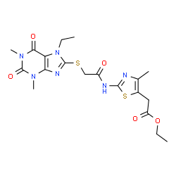 ChemSpider 2D Image | Ethyl [2-({[(7-ethyl-1,3-dimethyl-2,6-dioxo-2,3,6,7-tetrahydro-1H-purin-8-yl)sulfanyl]acetyl}amino)-4-methyl-1,3-thiazol-5-yl]acetate | C19H24N6O5S2